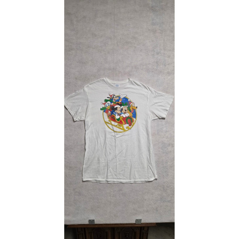 Disney Mickey Mouse Christmas Sleigh Graphic T-Shirt Large White Holiday Tee